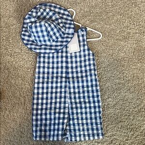 Blue Gingham Kids One-Piece with Matching Hat